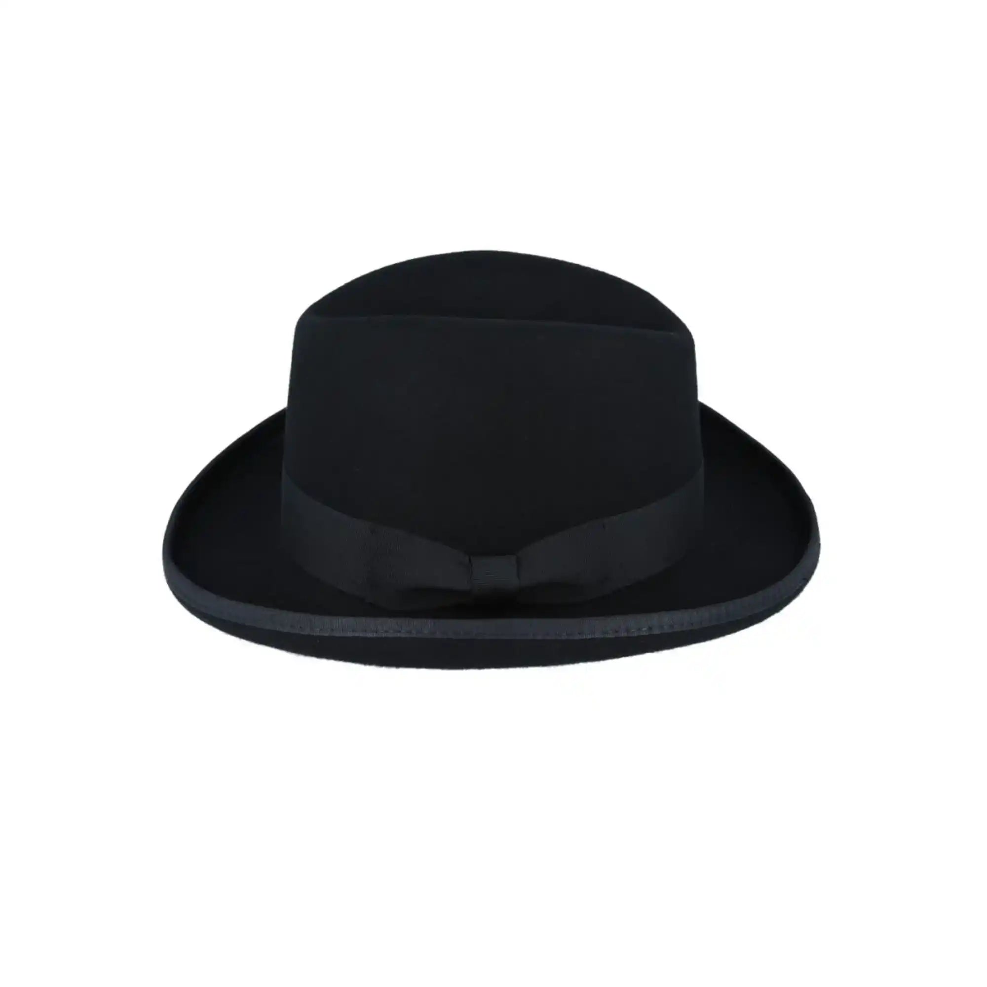 Front view of black wool Homburg Churchill hat by Novella Hats
