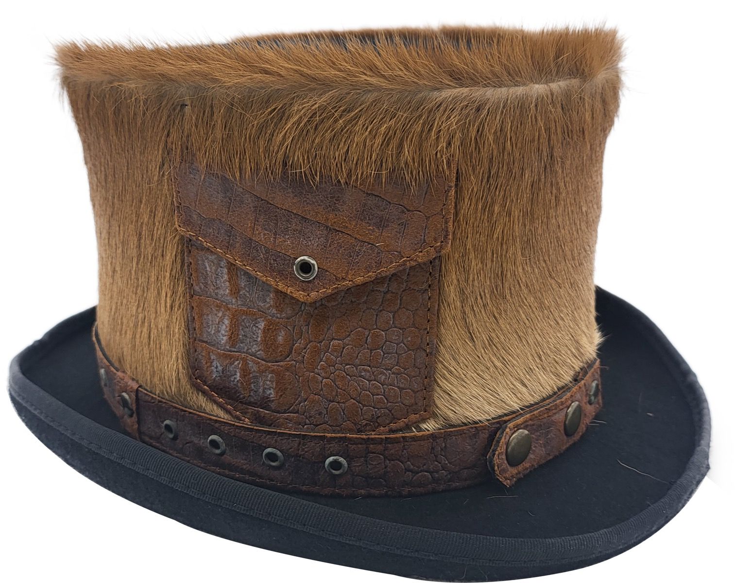Handcrafted Steampunk Victorian 12cm wool felt top hat featuring authentic leather strap detailing. Perfect for steampunk enthusiasts, vintage fashion lovers, and statement dressing. Available in sizes 55-60cm. Each hat combines premium materials with artisan craftsmanship. A distinctive piece for both events and fancy wear.