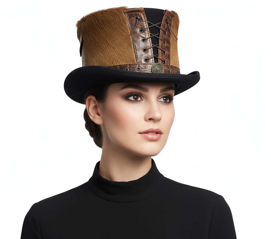 Handcrafted Steampunk Victorian 12cm wool felt top hat featuring authentic leather strap detailing. Perfect for steampunk enthusiasts, vintage fashion lovers, and statement dressing. Available in sizes 55-60cm. Each hat combines premium materials with artisan craftsmanship. A distinctive piece for both events and fancy wear.
