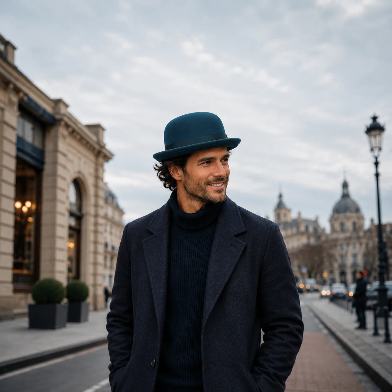 Man wearing a dark coat and hat standing on a city street with buildings in the background