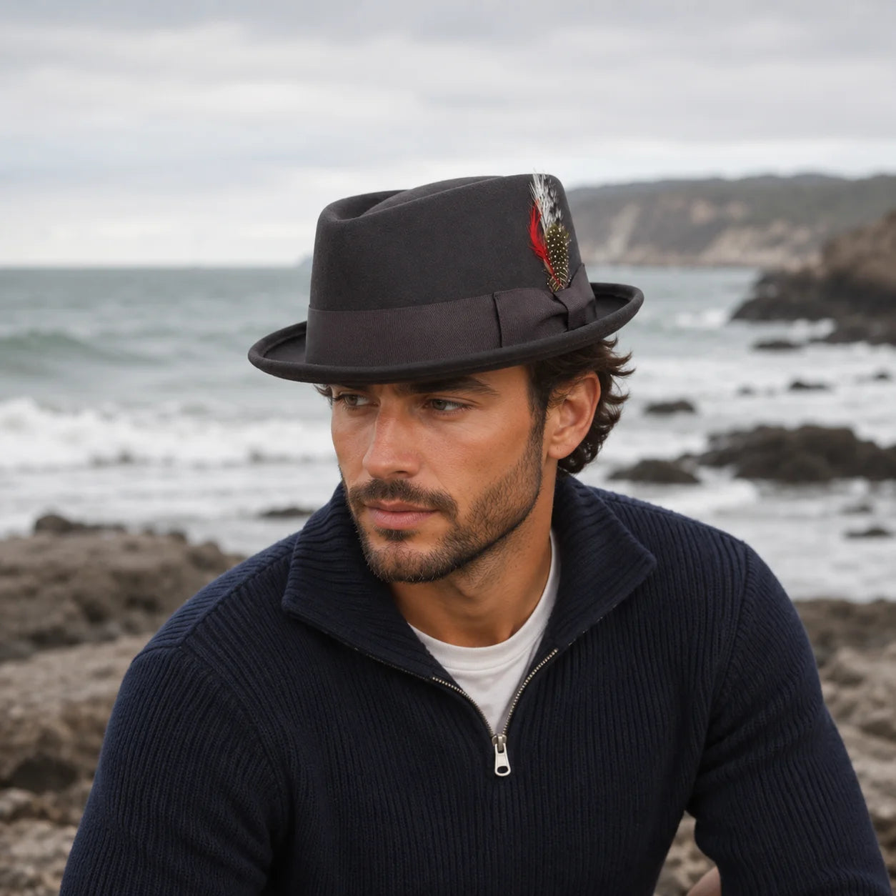 Man wearing a dark hat with a feather on a rocky beach