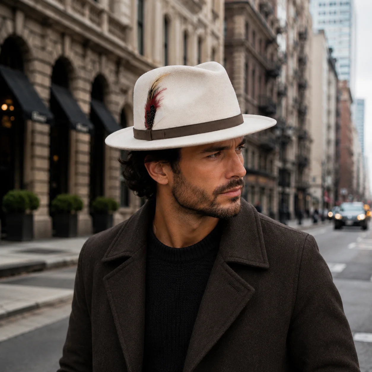 Man wearing a stylish hat with a feather on a city street