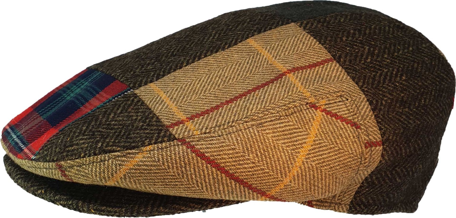 Authentic Italian-inspired patchwork flat cap (Bunnet), crafted from wool-polyester blend with satin lining. Each 27x25cm cap features traditional Southern Italian design from the 1800s. Available in S-XL (56-60cm). 