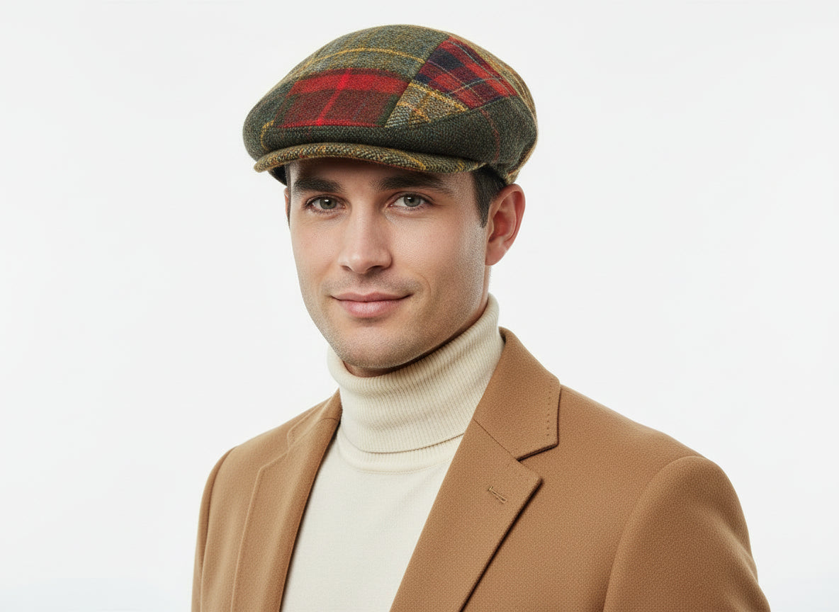 Authentic Italian-inspired patchwork flat cap (Bunnet), crafted from wool-polyester blend with satin lining. Each 27x25cm cap features traditional Southern Italian design from the 1800s. Available in S-XL (56-60cm). 