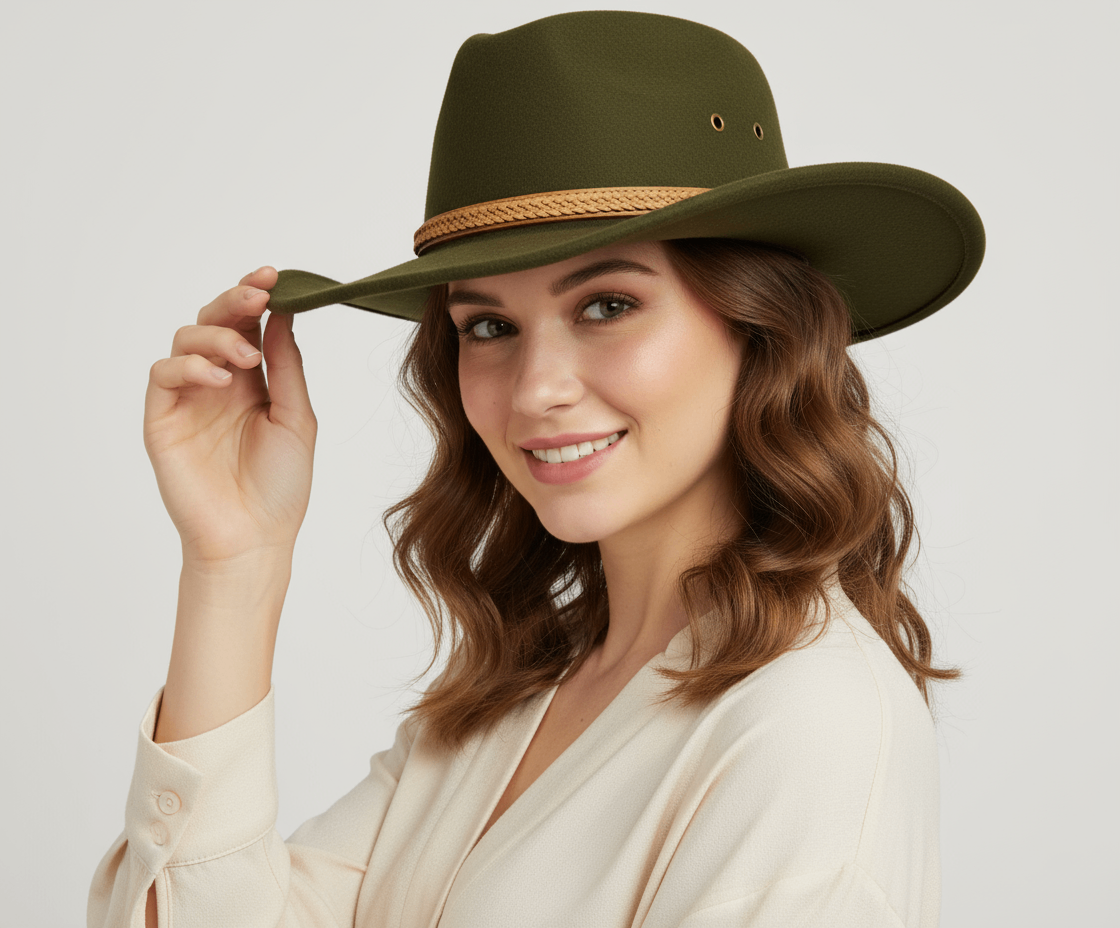 Handmade 100% Wool Felt Western Cowboy Hat - Olive-Green