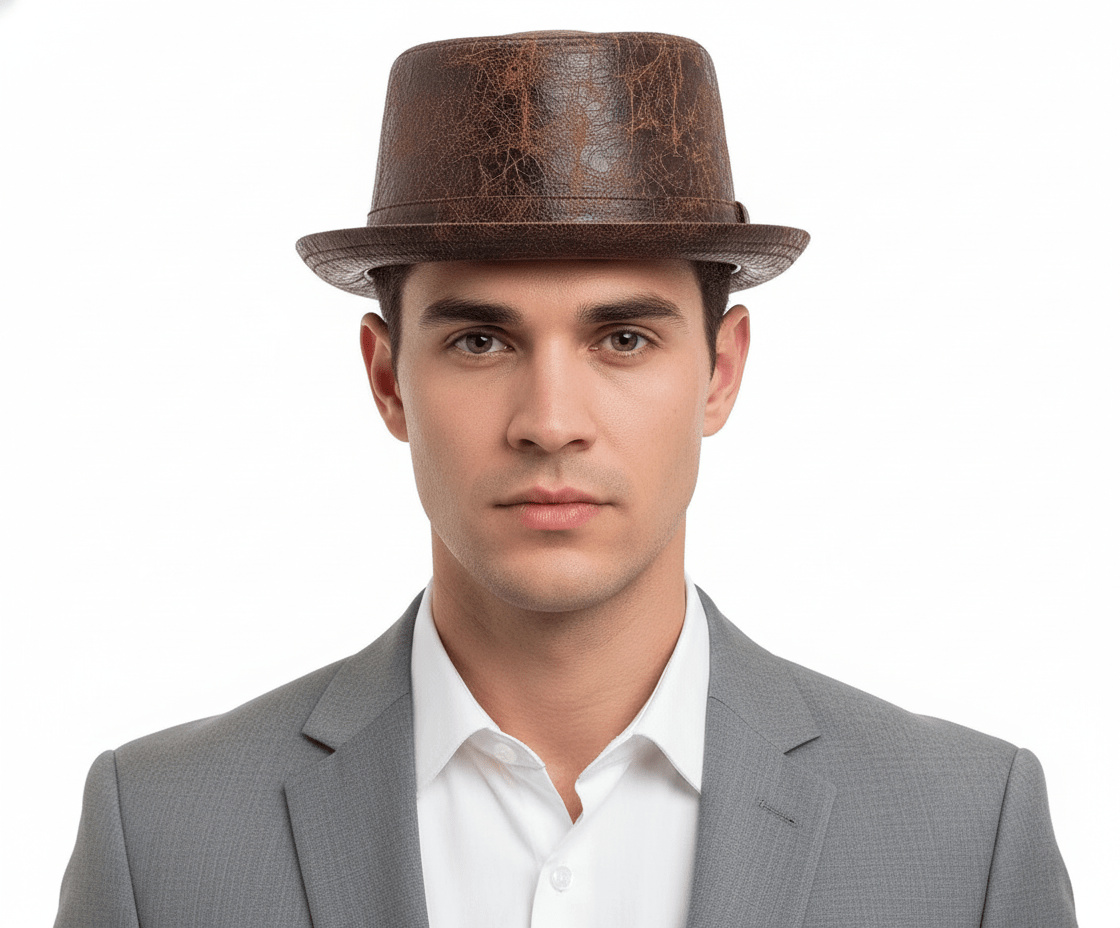 A modern take on the classic Pork Pie hat in water-resistant PVC with a brown cracked finish. Available in S/M (55-57cm) and L/XL (58-59cm). This round crown hat combines traditional pork pie styling with durable, easy-clean material. Perfect for everyday wear in any weather.