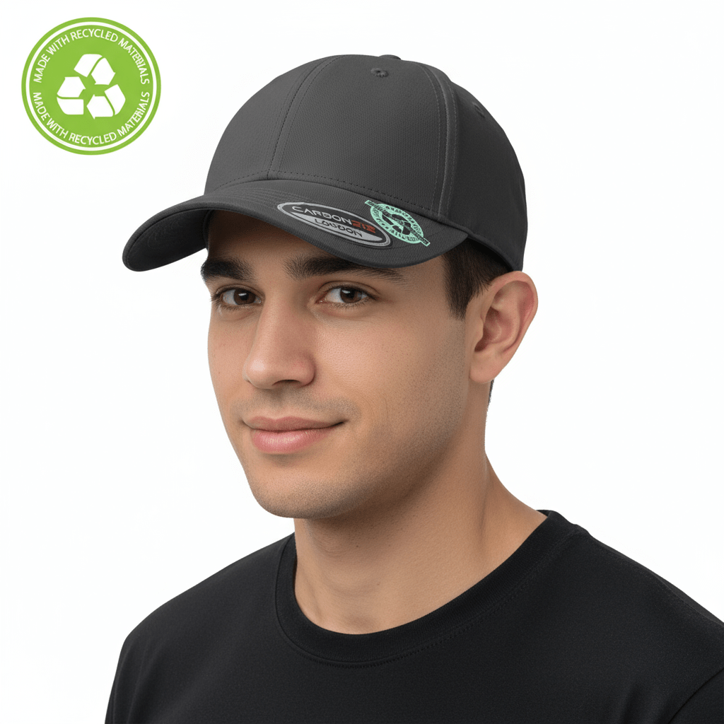 Dark Grey eco-friendly recycled cotton baseball cap by Carbon212. Made from 60% recycled cotton, this cap features a pre-curved visor, buckle closure, and cotton sweatband. One size fits all.