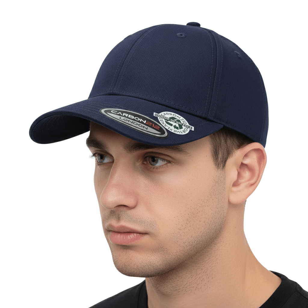 Navy eco-friendly recycled cotton baseball cap by Carbon212. Made from 60% recycled cotton, this cap features a pre-curved visor, buckle closure, and cotton sweatband. One size fits all.
