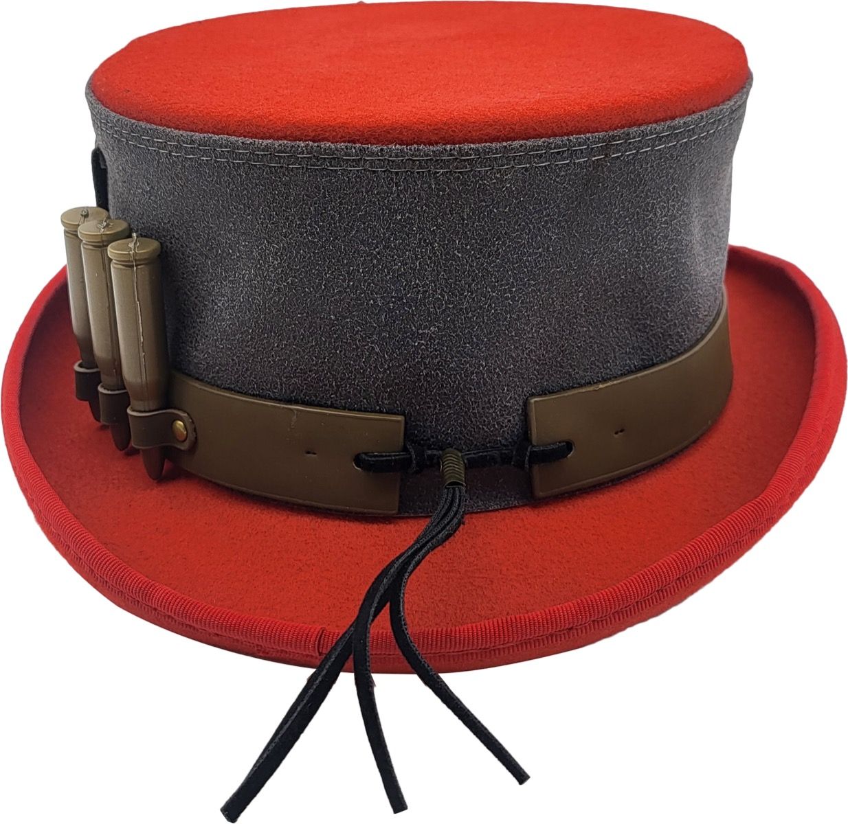 Striking red top hat handcrafted from 100% wool felt with genuine leather strap detailing. Features 12cm crown height and premium construction. Available in sizes Small to XL (55-60cm). Each hat combines luxurious wool, authentic leather, and superior craftsmanship. Perfect for steampunk style and statement dressing.
