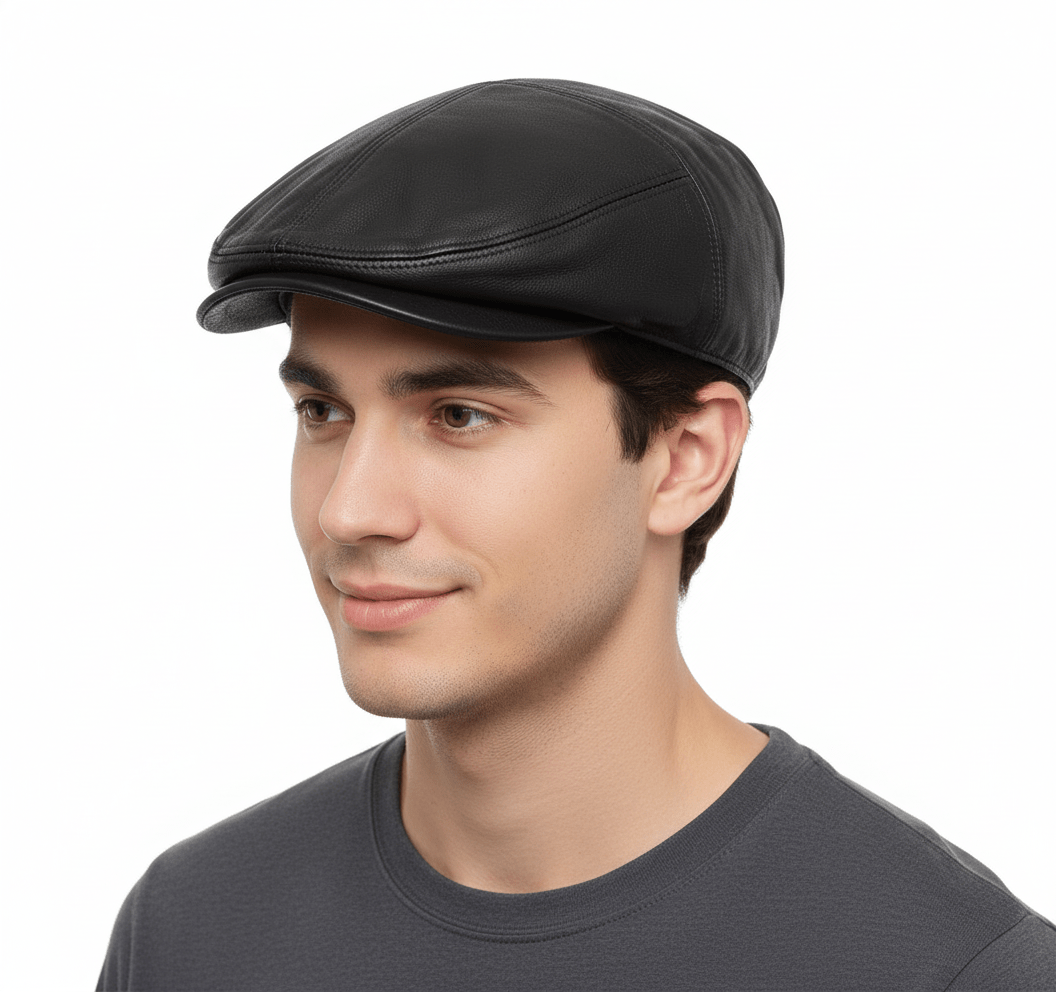 London Leather Flat Cap in Black, crafted from 100% sheepskin leather for a vintage look. Features include a five-panel design, cotton lining, and a 4.8 cm visor. Available in sizes S-XL. Enjoy timeless style and comfort.