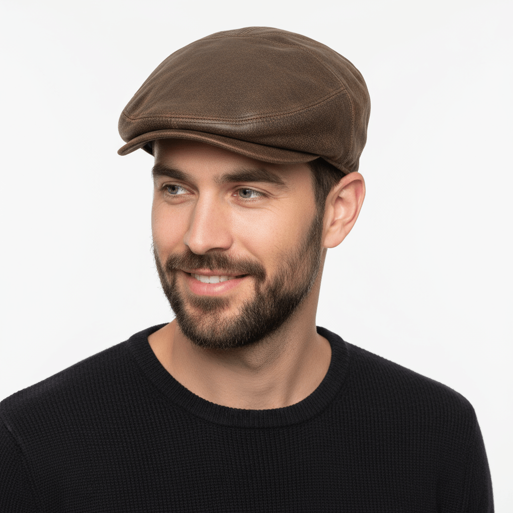 Embrace the elegance and craftsmanship of this London Leather Flat Cap, perfect for adding a touch of sophistication to your wardrobe.