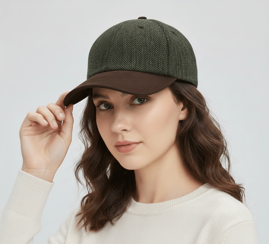 Tweed Baseball Cap with Suede Peak-Green