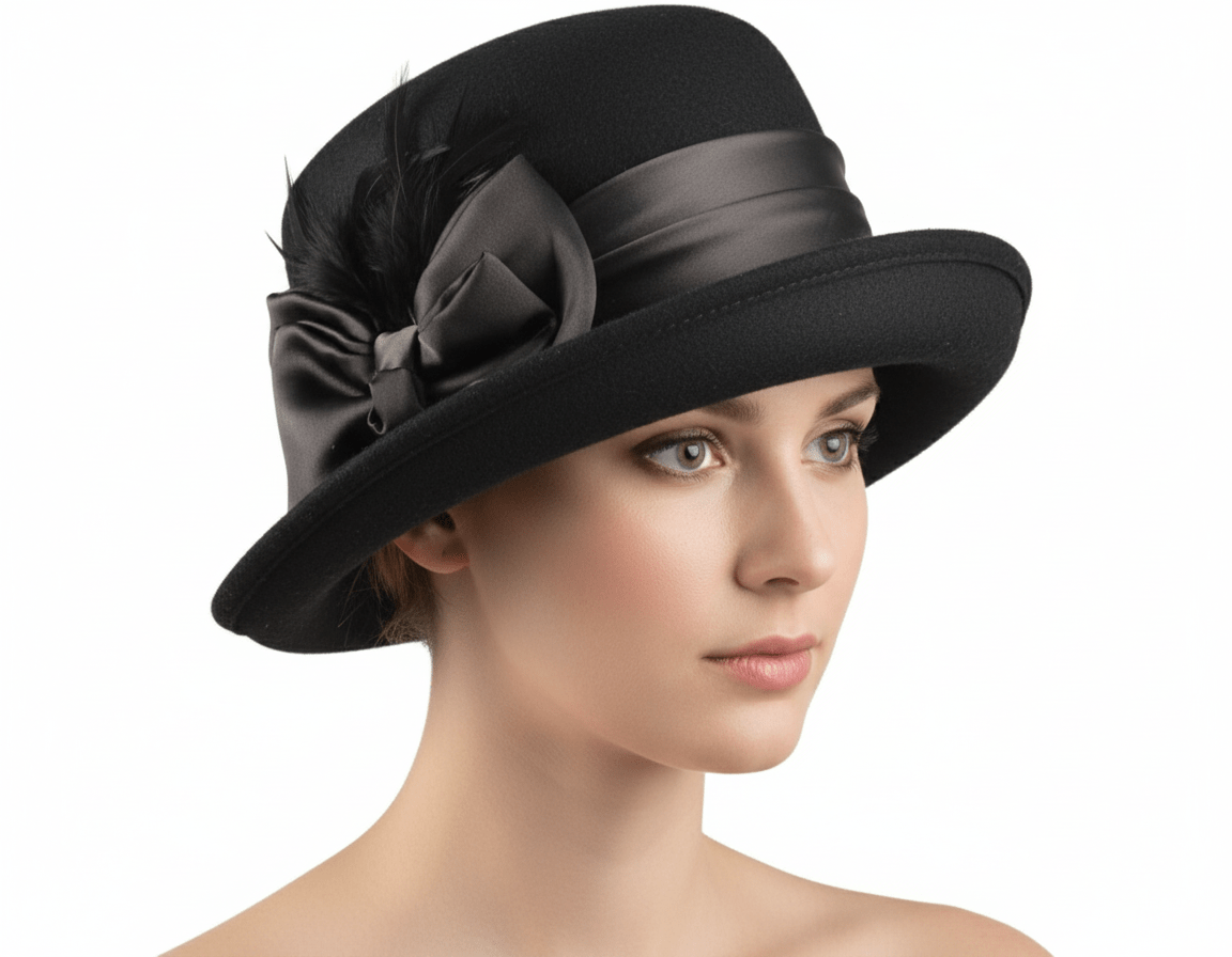 Vintage Wool Cloche Hat Water Resistant - Black