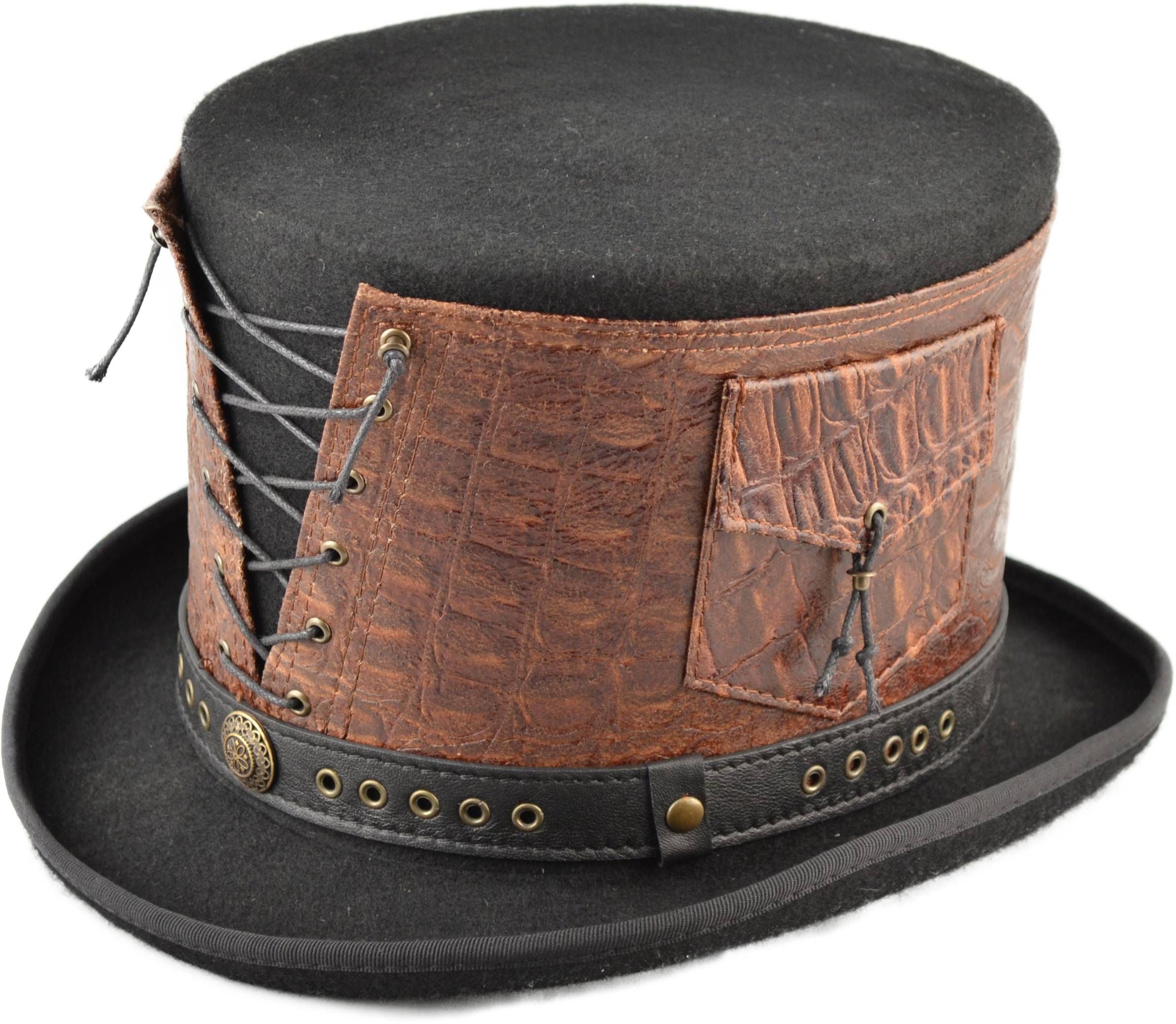 Luxurious 100% wool felt Topper Hat with genuine leather strap. 15cm height. Brown or Grey, various designs. Perfect for all occasions. Handmade comfort and style. Hat Details: Style: Topper Hat Material: 100% Premium Wool Felt Strap: Genuine Leather Height: 15cm Colors: Brown, Grey Feature: Different designs available.