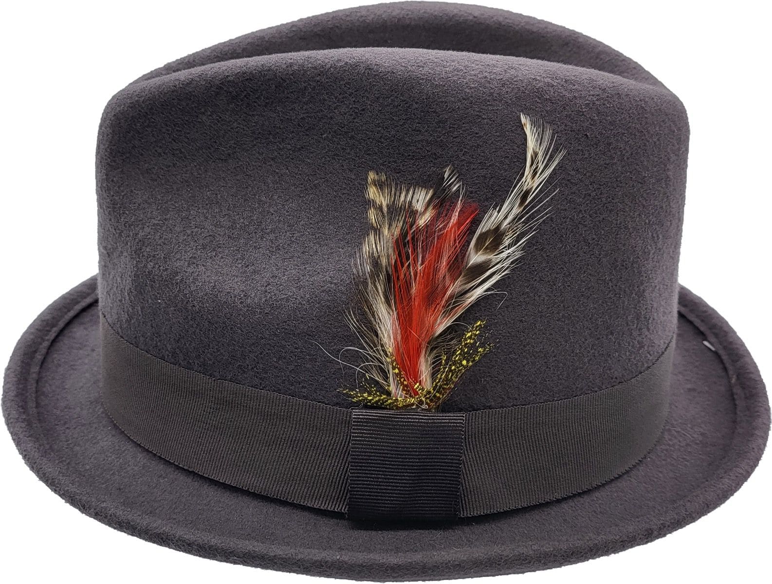 A short-brim Trilby handmade from pure wool felt (sizes 55-60cm). Each hat showcases a grosgrain ribbon, feather detail, and superior craftsmanship. Choose from Black, White, Grey, or Brown. The traditional shape and shorter brim make it versatile for both formal and casual wear.