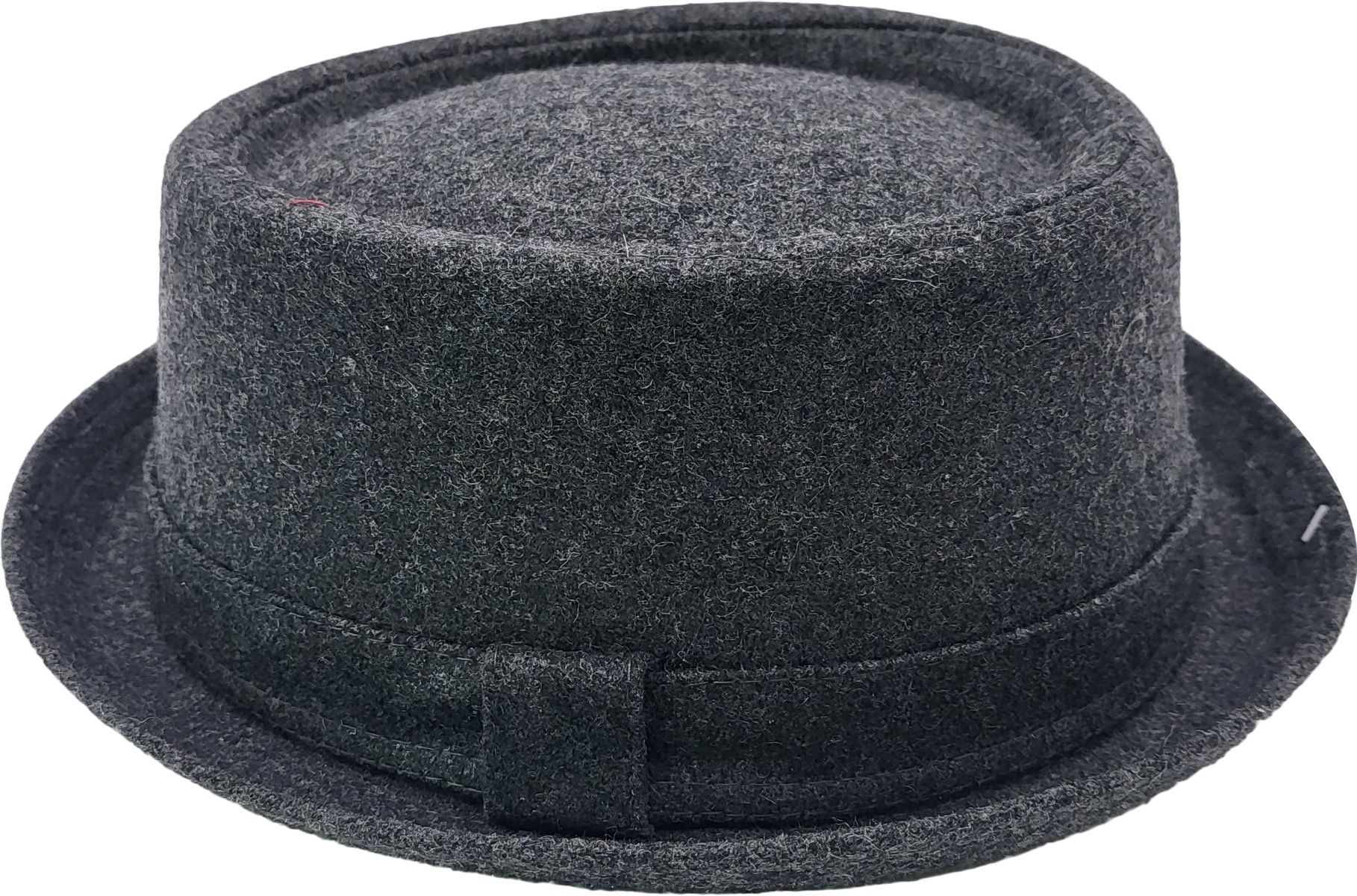 Classic Round Pork Pie Hat in 30% wool blend. Stylish upturned brim, ribbon band. Black or Grey, sizes S-XL. Comfortable, easy to clean. Sponge clean only. Hat Details: Style: Round Shape Pork Pie Hat Material: 30% Wool, 70% Polyester blend Colors: Black, Grey Sizes: S, M, L, XL Design Features: Flat-topped round crown.