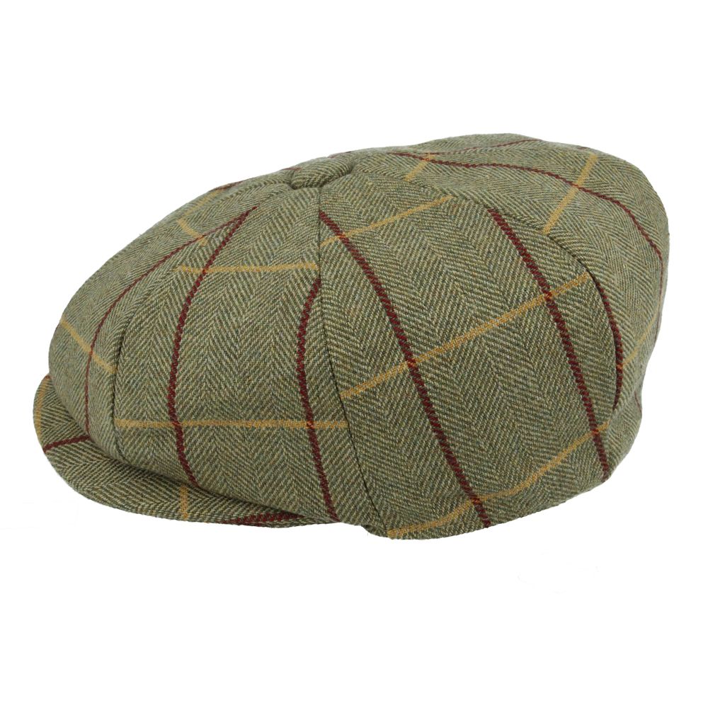Wool Tweed Newsboy Cap with Green and Red Stripe, crafted from 40% wool and 60% polyester. Features include fabric protection from rain and stains, a quilted polyester lining, and a classic newsboy shape. Available in sizes S-XL. Enjoy style and durability.