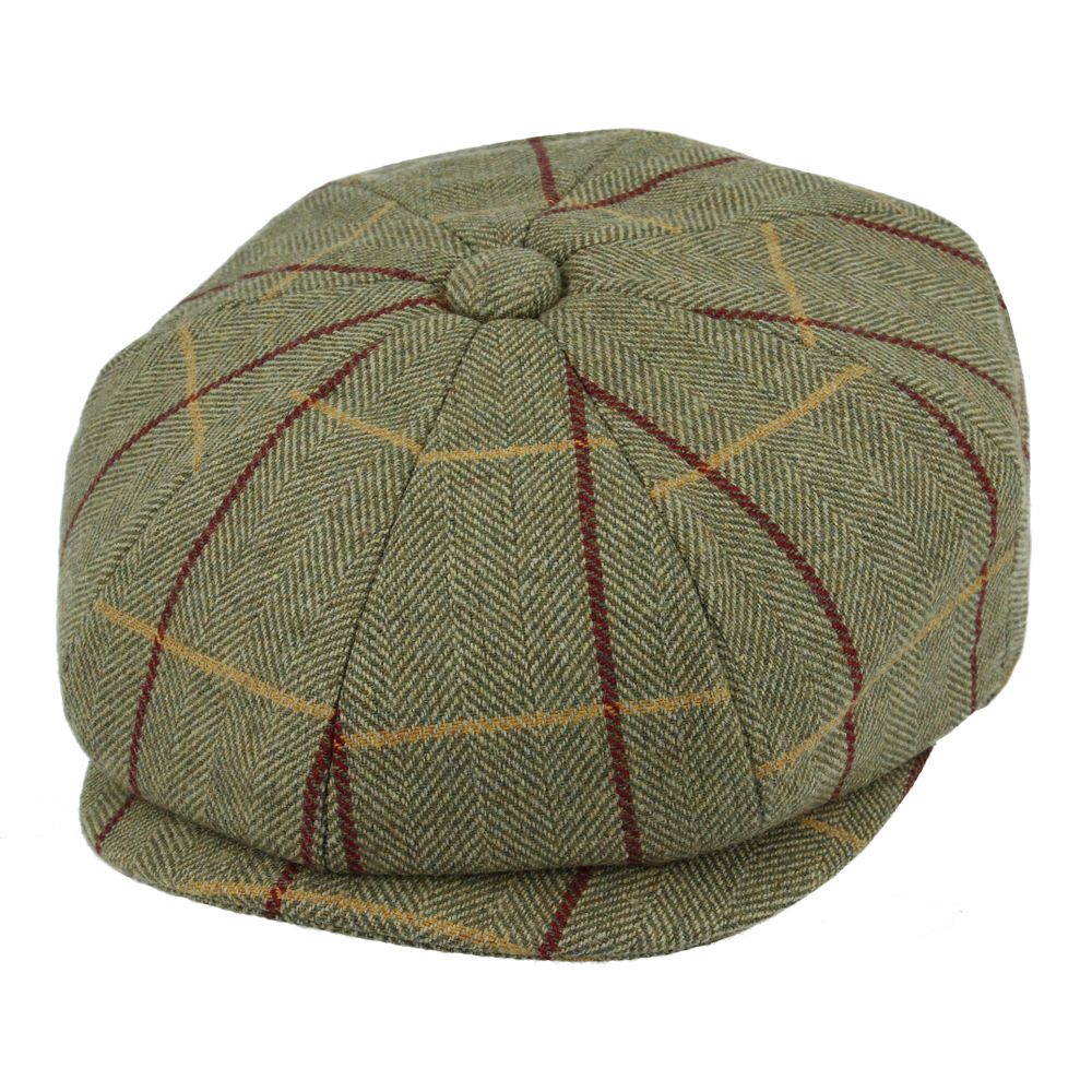 Wool Tweed Newsboy Cap with Green and Red Stripe, crafted from 40% wool and 60% polyester. Features include fabric protection from rain and stains, a quilted polyester lining, and a classic newsboy shape. Available in sizes S-XL. Enjoy style and durability.