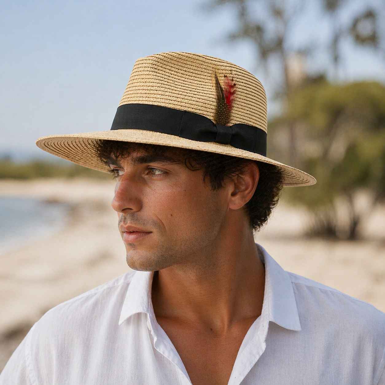 Paper straw fedora hat beige wide brim lightweight summer sun hat