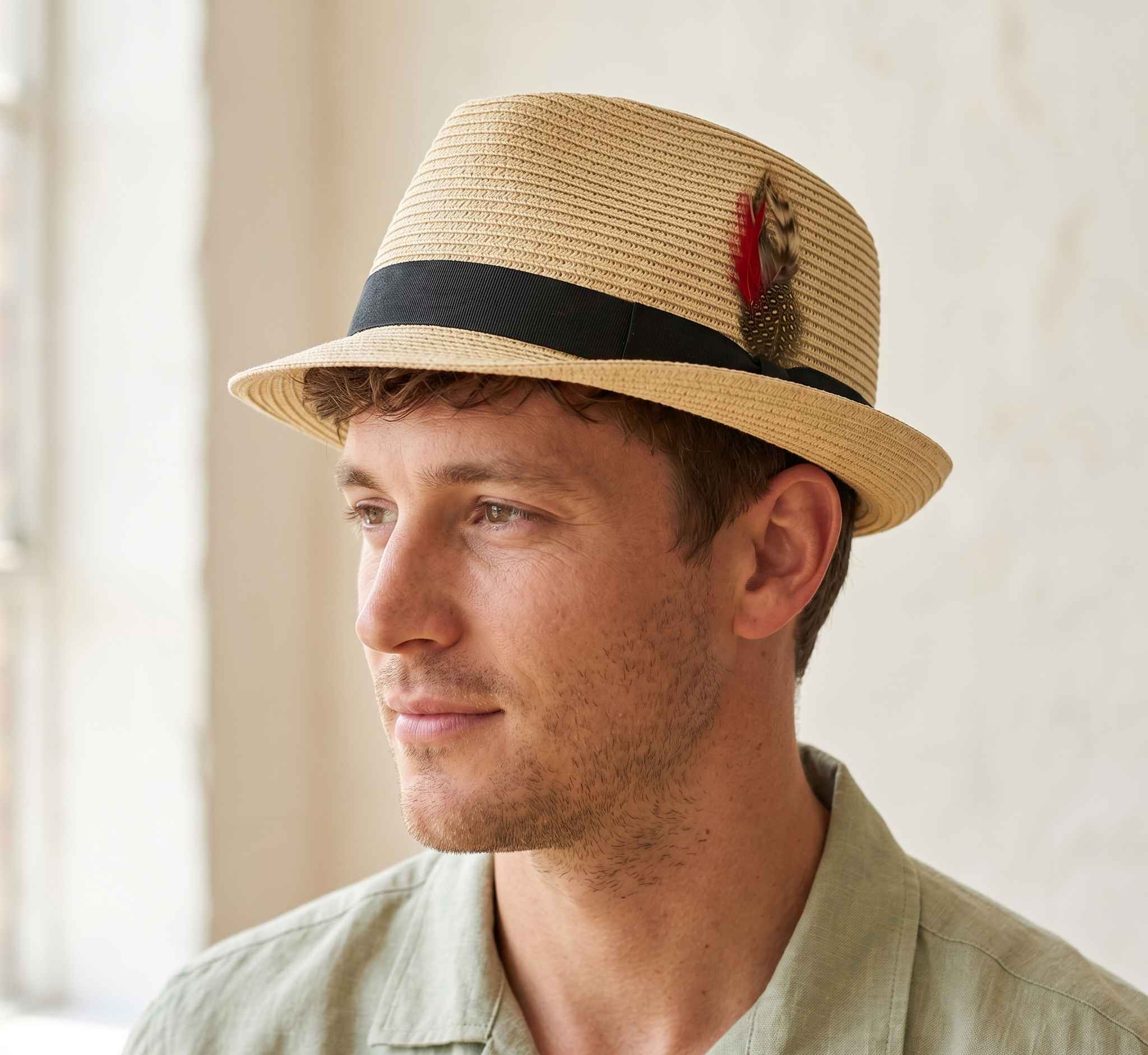 Classic Straw Trilby Fedora Hat – Unisex Summer Sun Hat with Feather