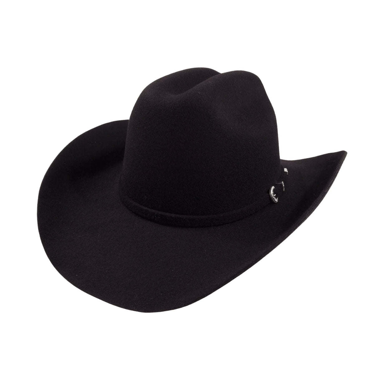 Wool felt cattleman cowboy hat with black Western buckle hatband and curved brim