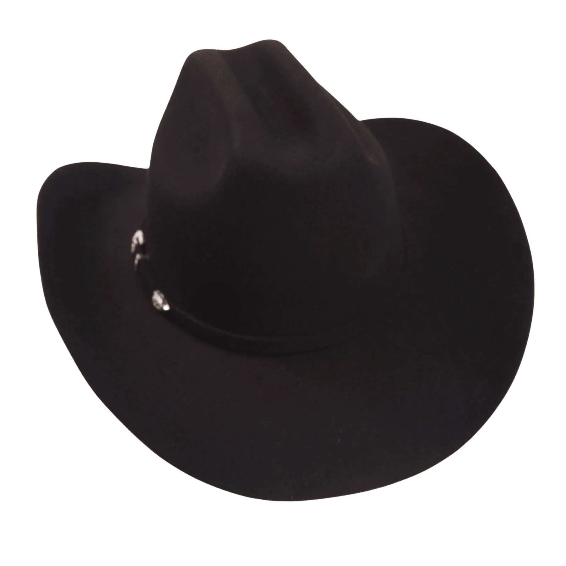 Wool felt cattleman cowboy hat with black Western buckle hatband and curved brim
