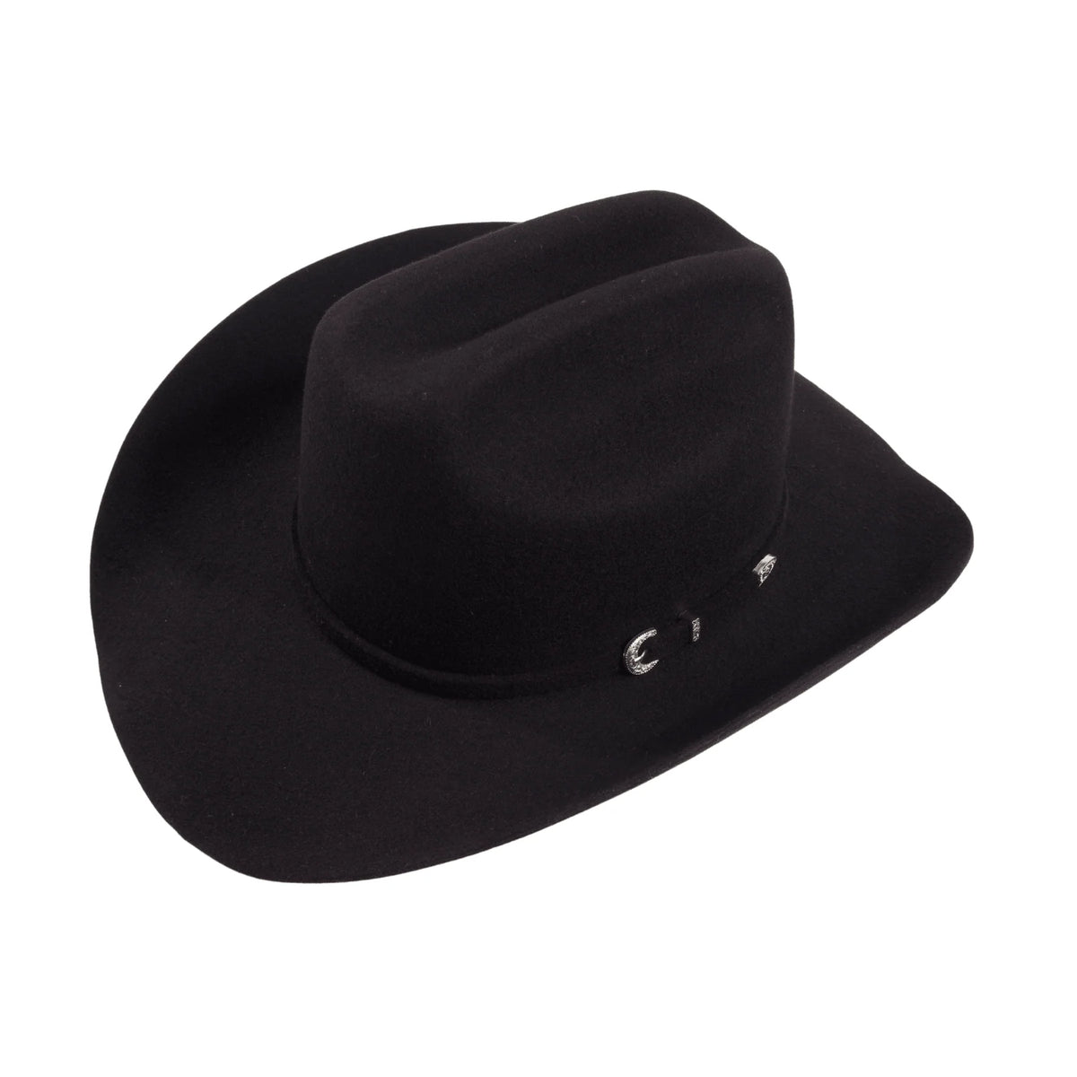 Wool felt cattleman cowboy hat with black Western buckle hatband and curved brim