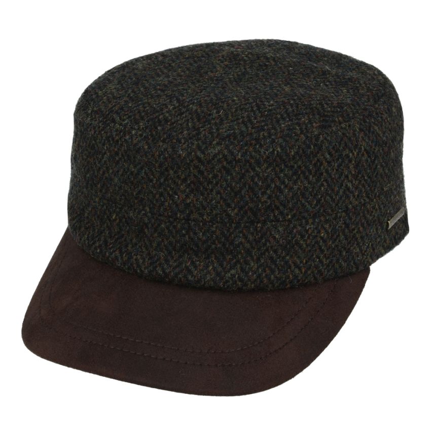 Army Cap in Herringbone Wool Blend with Buckle-Green