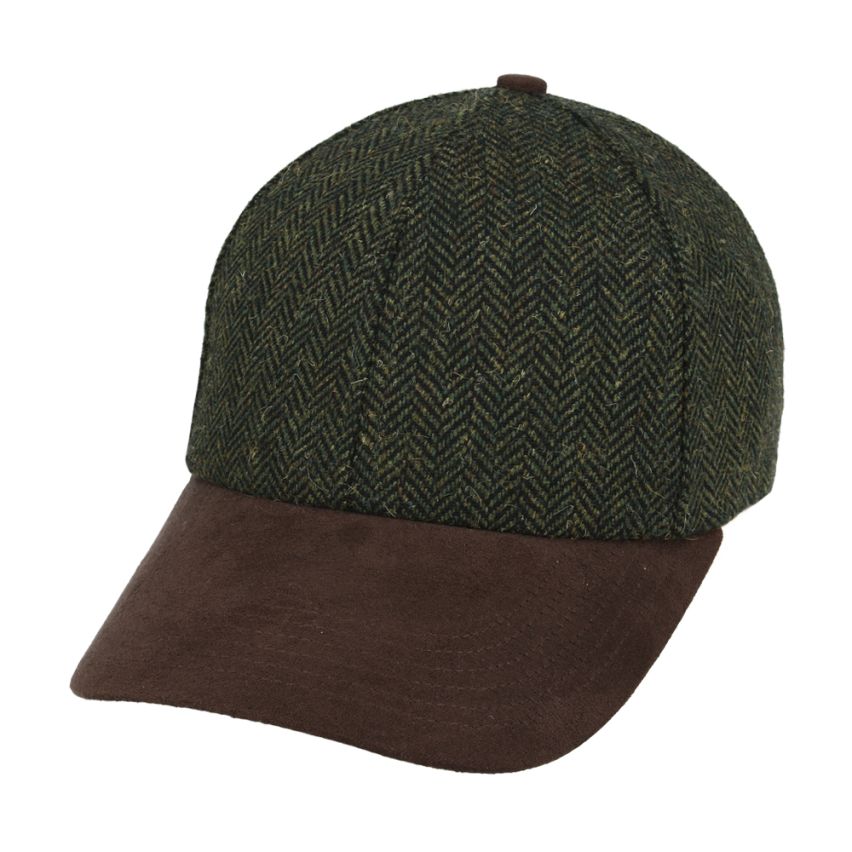 Front view of tweed baseball cap with suede peak by Novella Hats