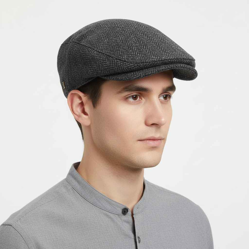 ront view of herringbone tweed flat cap in wool blend by Novella Hats

