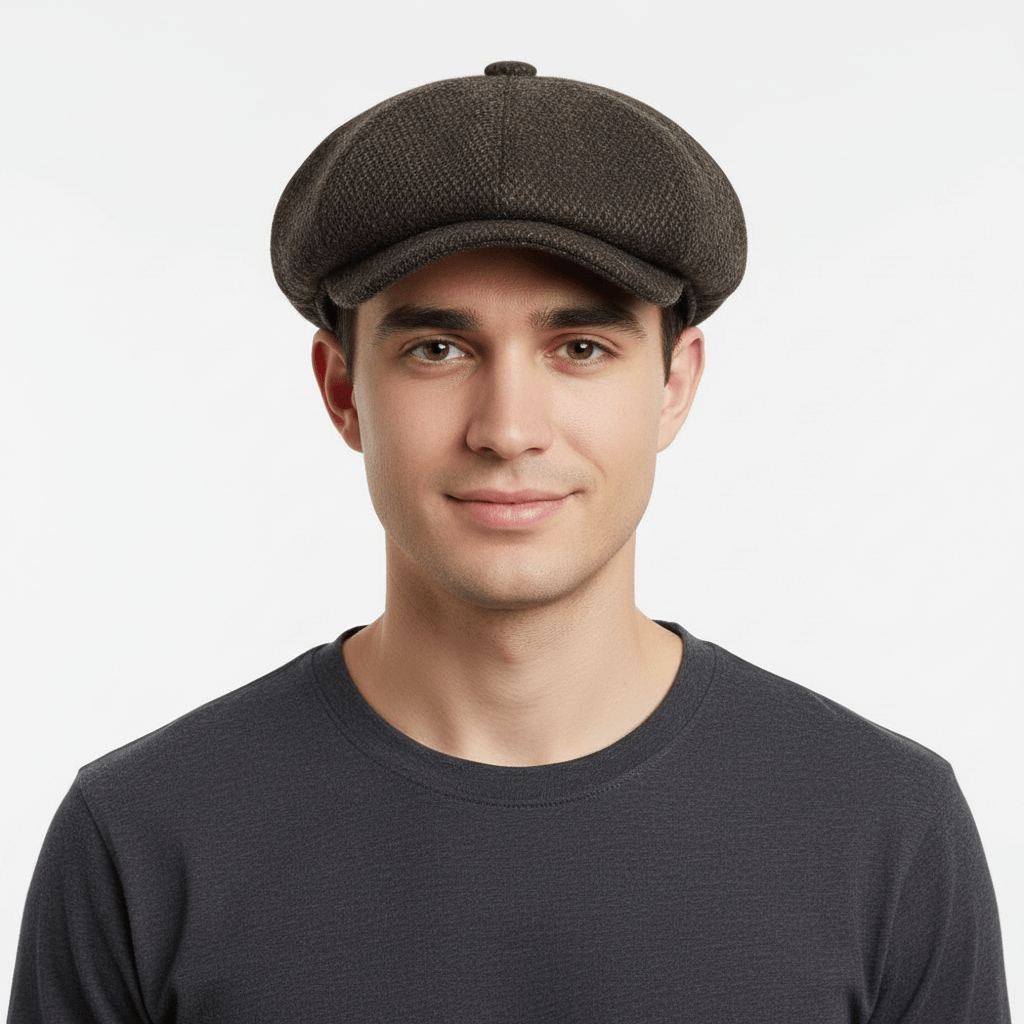 Inspired by the iconic Peaky Blinders style, this Harris Tweed Newsboy Cap features a classic herringbone pattern, combining heritage craftsmanship with modern elegance, making it a perfect addition to any wardrobe