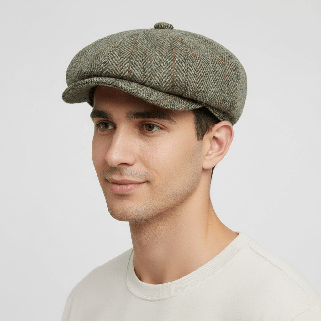 Inspired by the iconic Peaky Blinders style, this Forest Green Harris Tweed Newsboy Cap combines heritage craftsmanship with modern elegance, making it a perfect addition to any wardrobe