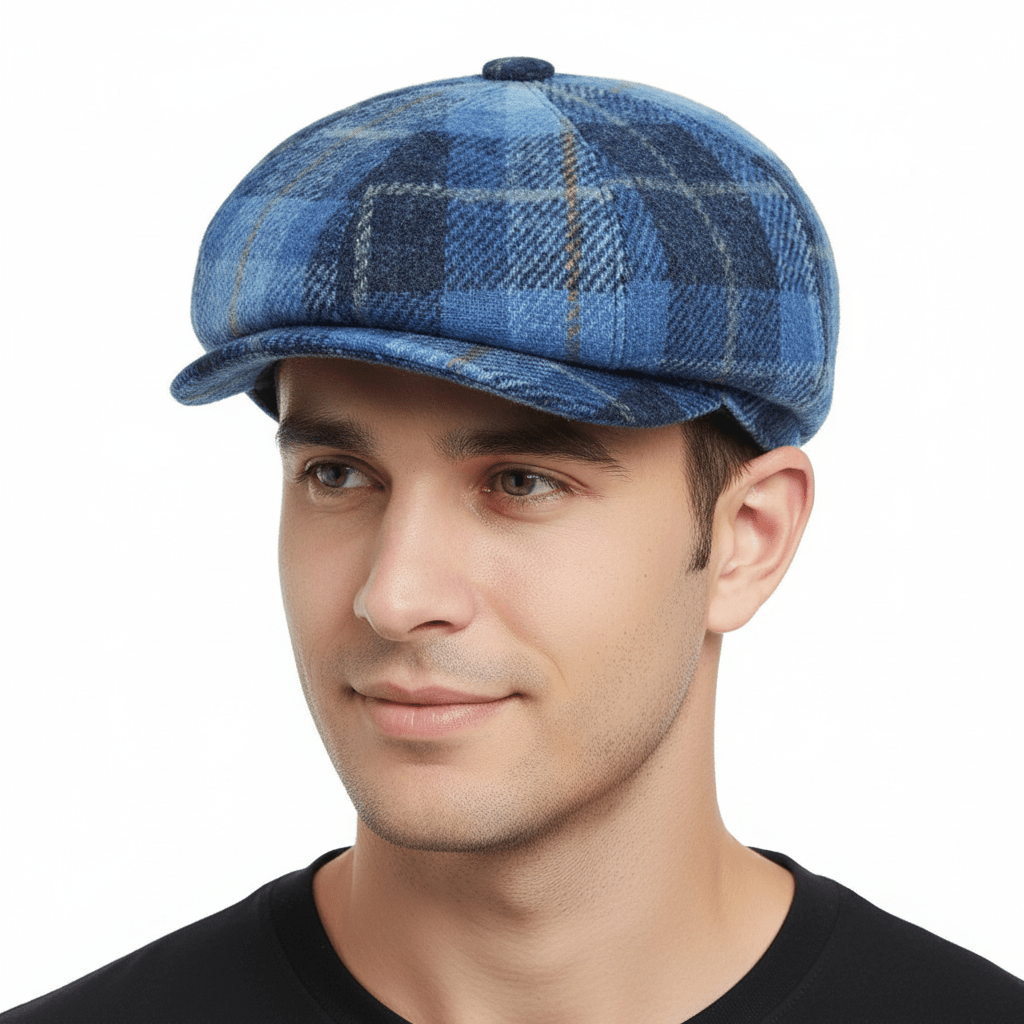 Inspired by the iconic Peaky Blinders style, this Blue Harris Tweed Newsboy Cap combines heritage craftsmanship with modern elegance, making it a perfect addition to any wardrobe.