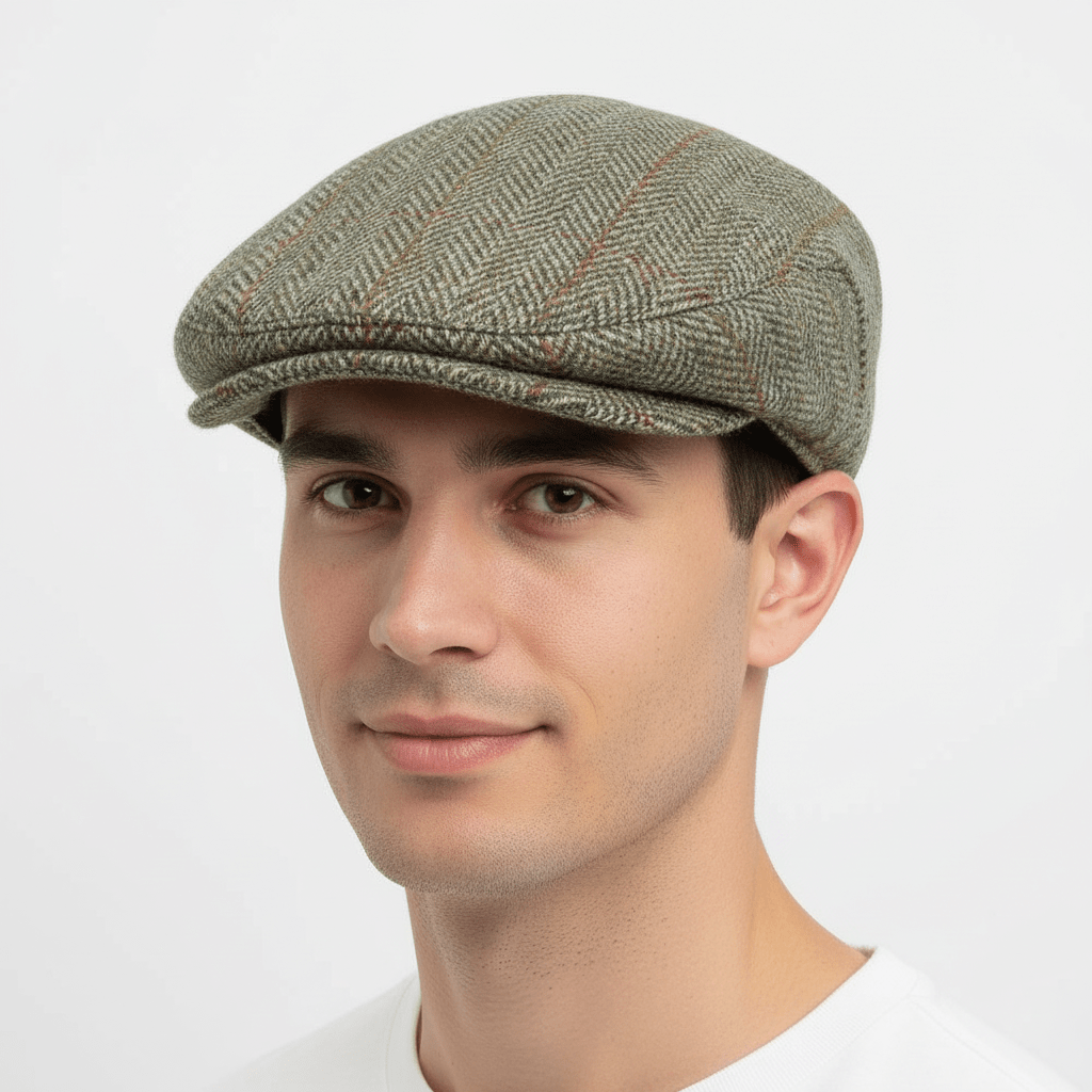 The Harris Tweed Flat Cap in Green, crafted from 100% pure new wool, handwoven in Scotland’s Outer Hebrides. Features include a sewn-down brim, cotton lining, and a removable Gladwin Bond back pin. Available in sizes S-XL. Enjoy unmatched warmth, comfort, and durability.
