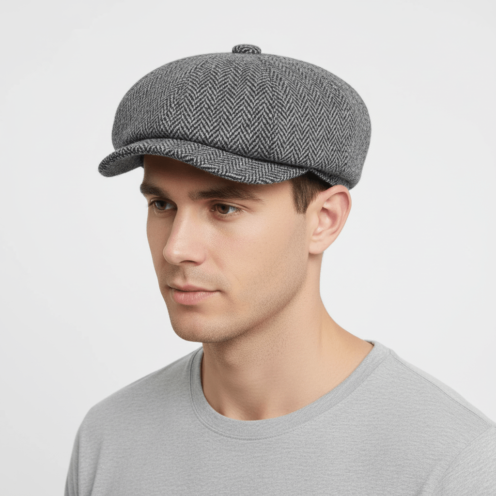 Inspired by the iconic Peaky Blinders style, this Grey Harris Tweed Newsboy Cap combines heritage craftsmanship with modern elegance, making it a perfect addition to any wardrobe.