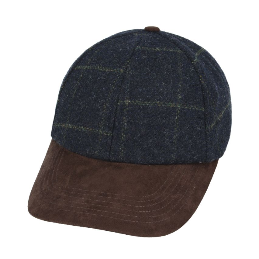 Checked Tweed Baseball Cap with Suede Peak-Brown