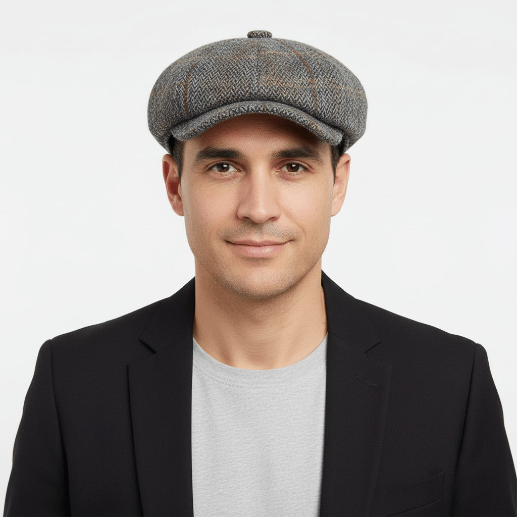 Harris Tweed Herringbone Newsboy Cap, crafted from 100% pure new wool, handwoven in Scotland’s Outer Hebrides. Features include a sewn-down brim, cotton lining, and a removable Gladwin Bond side pin. Available in sizes S-XL. Inspired by the iconic Peaky Blinders style.