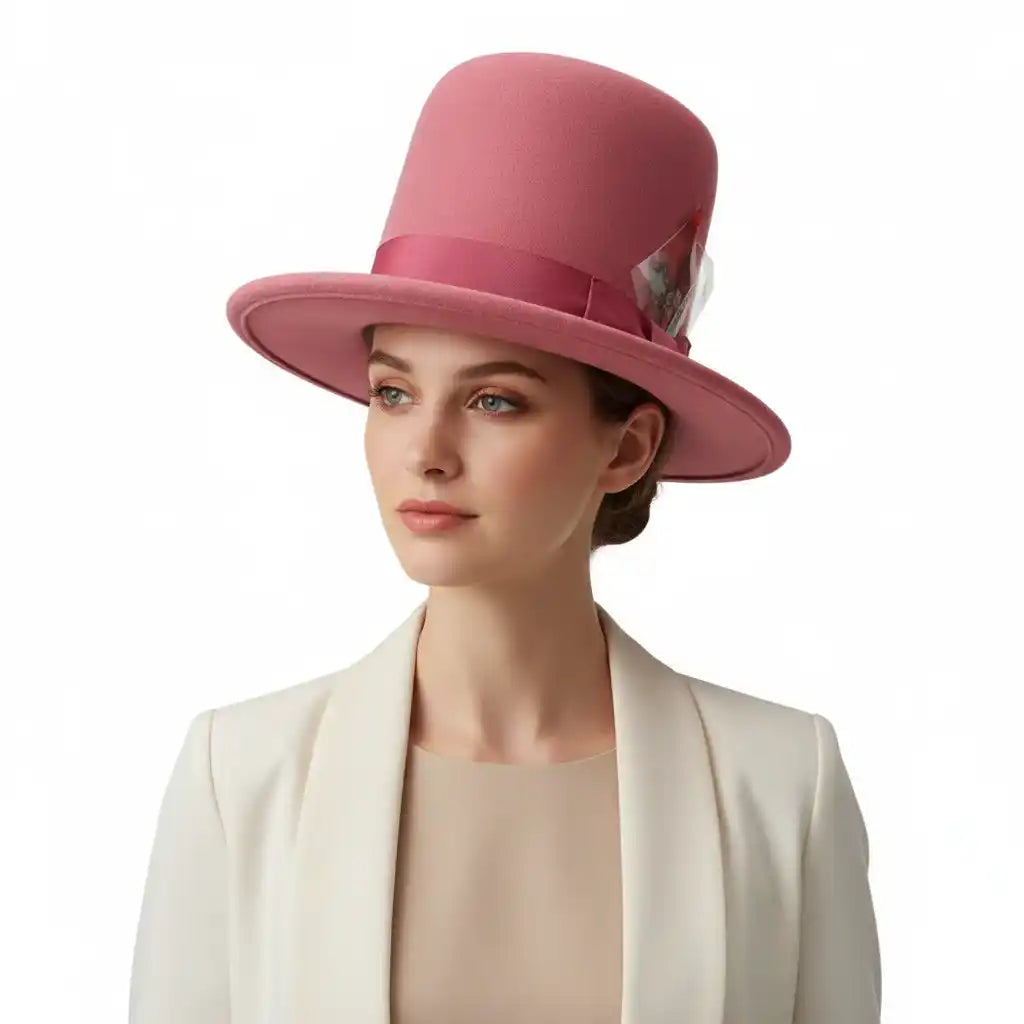 Model wearing oversized tall wool hat in pink