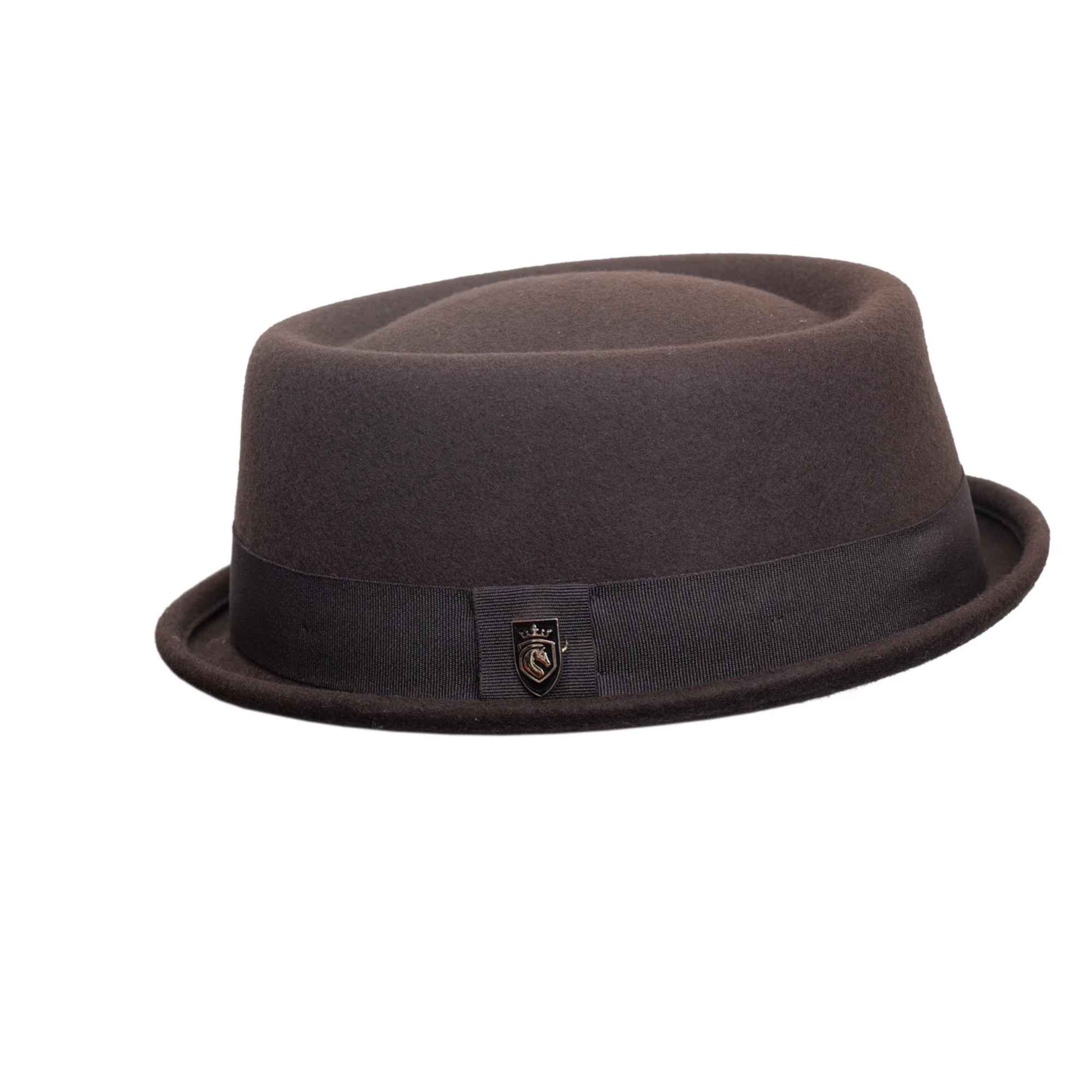 Front view of unisex wool pork pie hat with flat crown and ribbon band