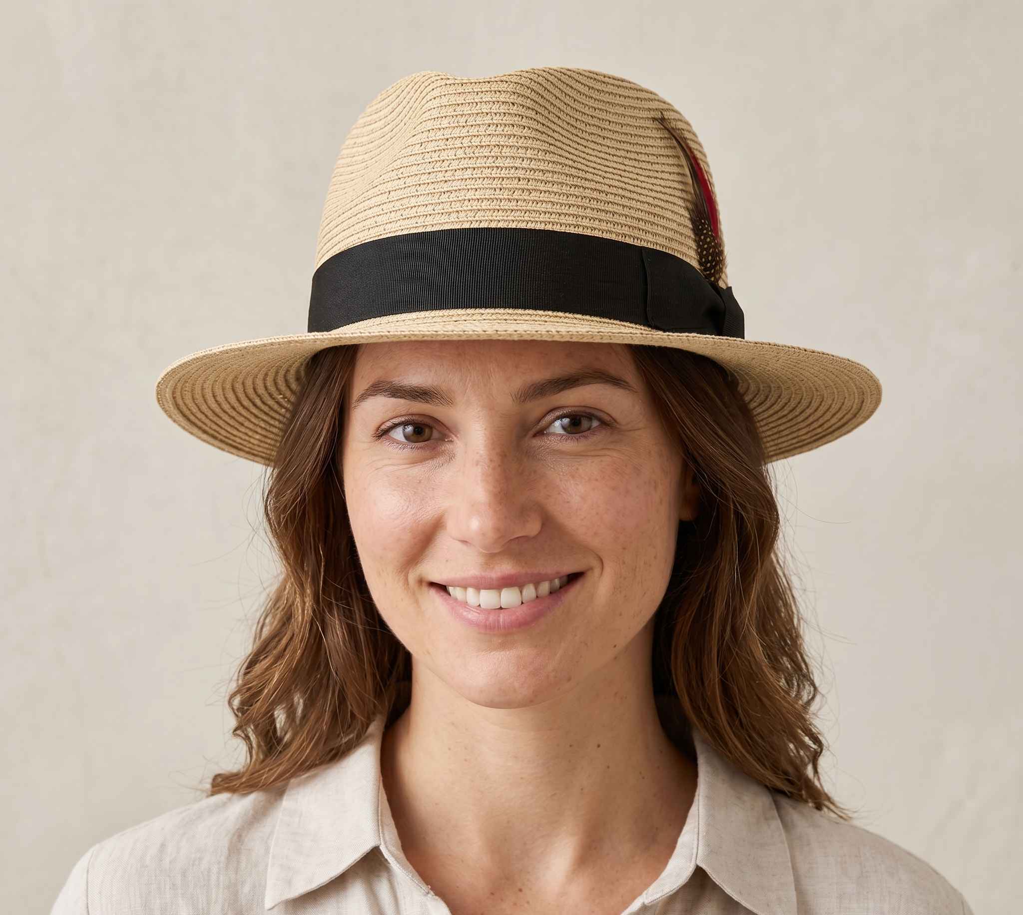 Paper straw fedora hat beige wide brim lightweight summer sun hat