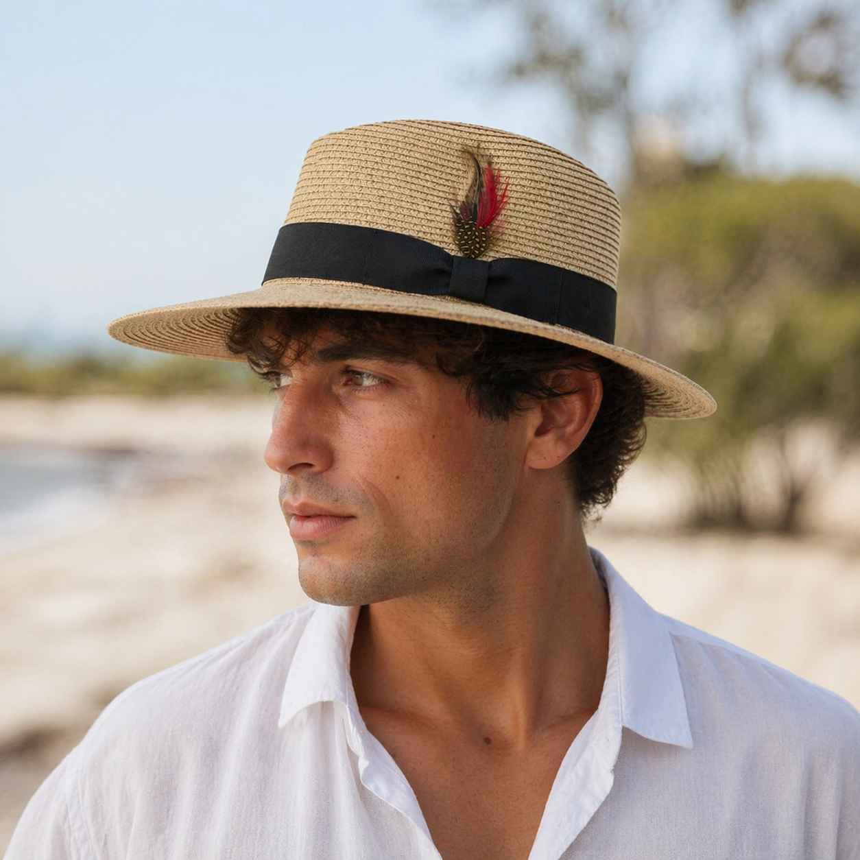 Paper straw fedora hat beige wide brim lightweight summer sun hat