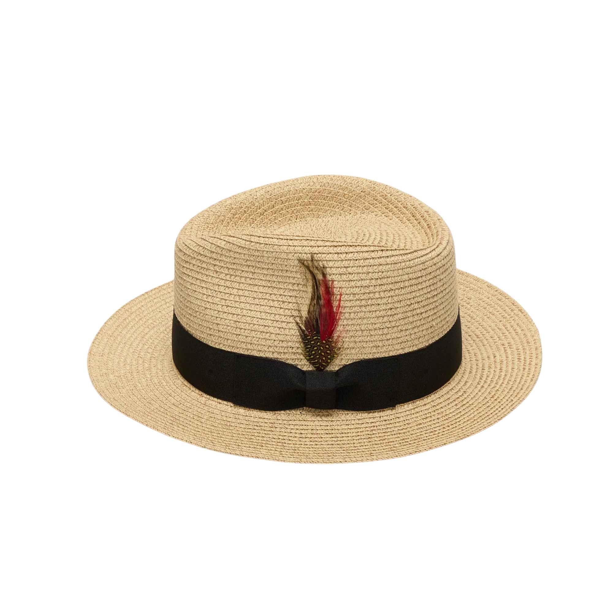 Beige straw hat with a black band and feather on a white background