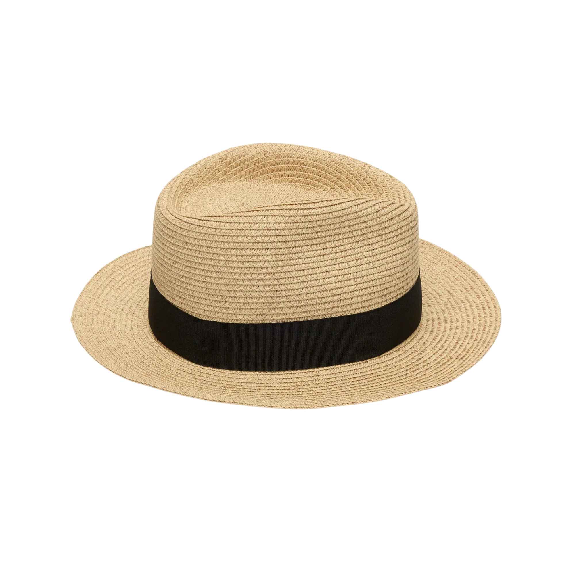 Beige straw hat with a black band on a white background