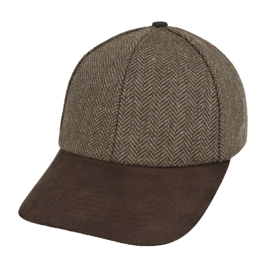 Front view of tweed baseball cap with suede peak by Novella Hats