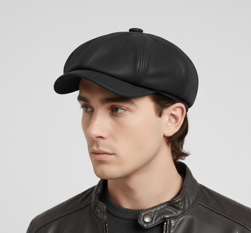 Embrace the timeless elegance and craftsmanship of this Black Sheep Skin Leather Newsboy Cap (aka cabbie cap), perfect for adding a touch of sophistication to any outfit.