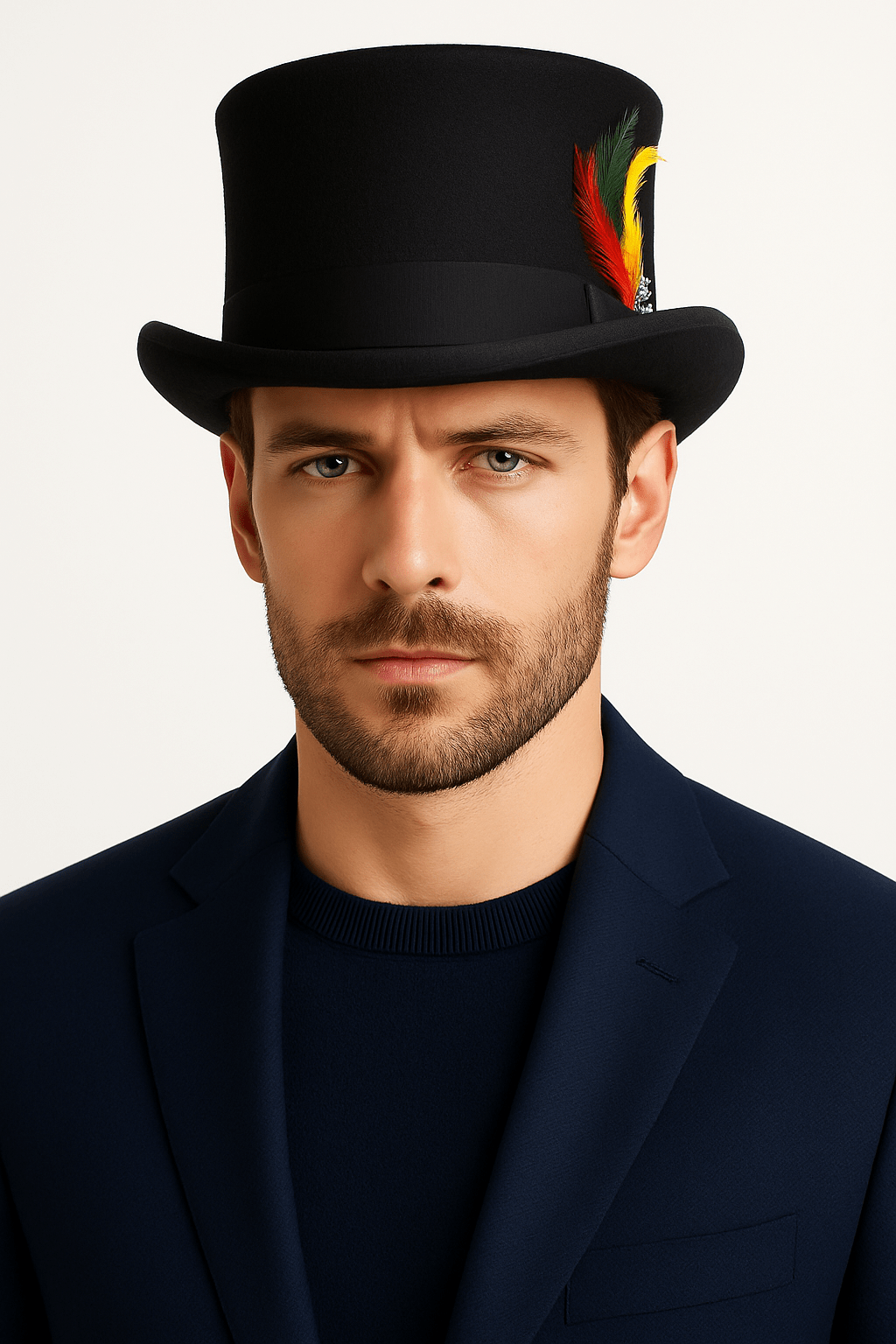 The Black Victorian Wool Top Hat is a handcrafted piece made from 100% wool, featuring a 14.5cm high crown and a 5.5cm brim. Fully satin lined with a PVC sweatband, it includes a removable feather, offering a stunningly authentic Victorian look.