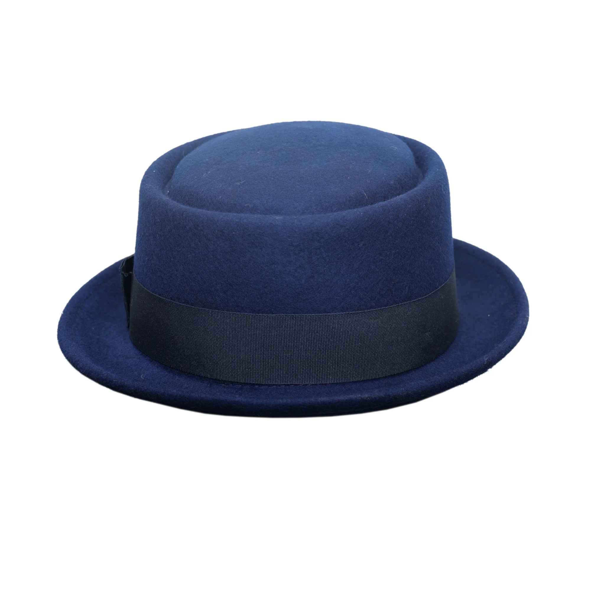Navy Crushable Wool Felt Pork Pie Hat Flat Top Grosgrain Band