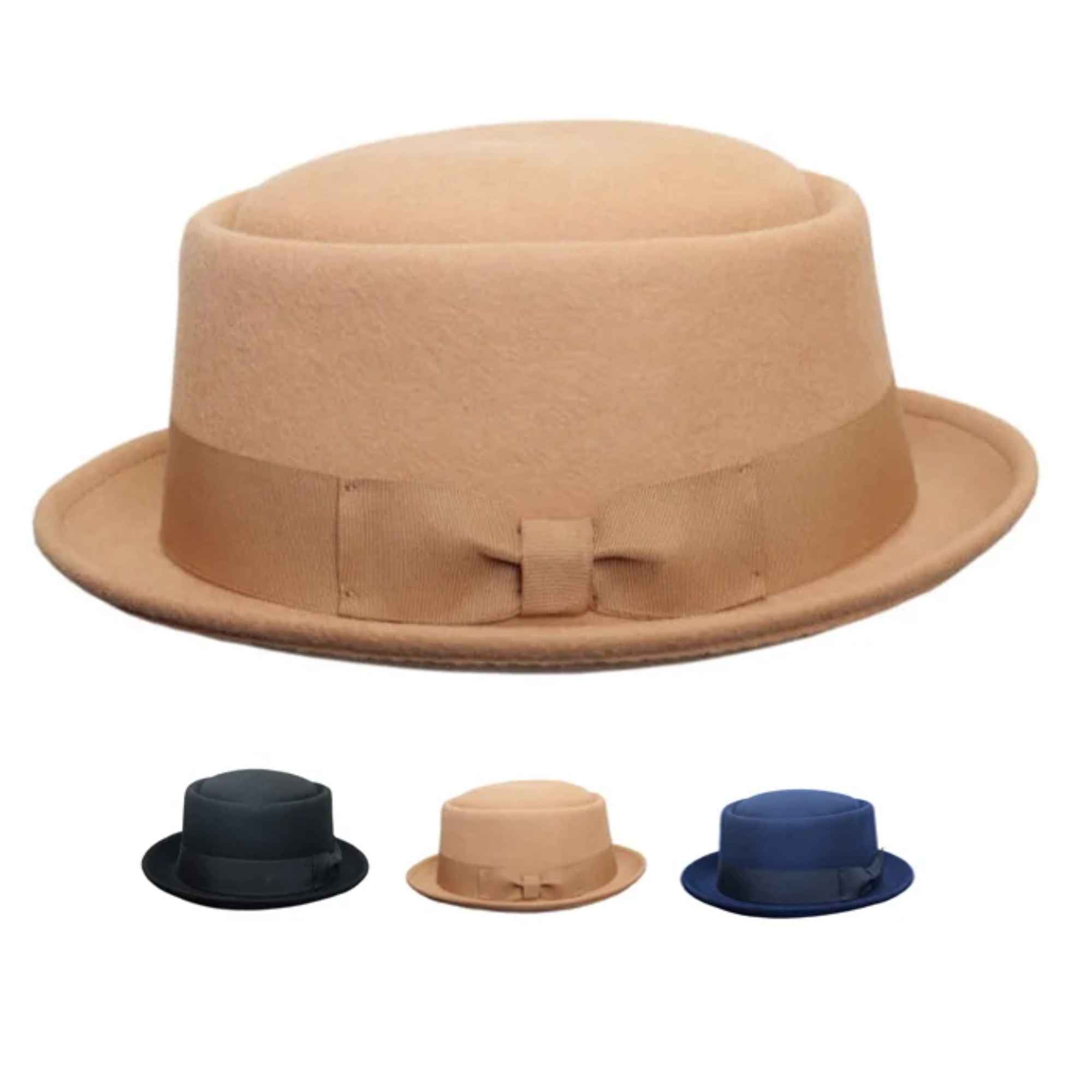 Navy Crushable Wool Felt Pork Pie Hat Flat Top Grosgrain Band