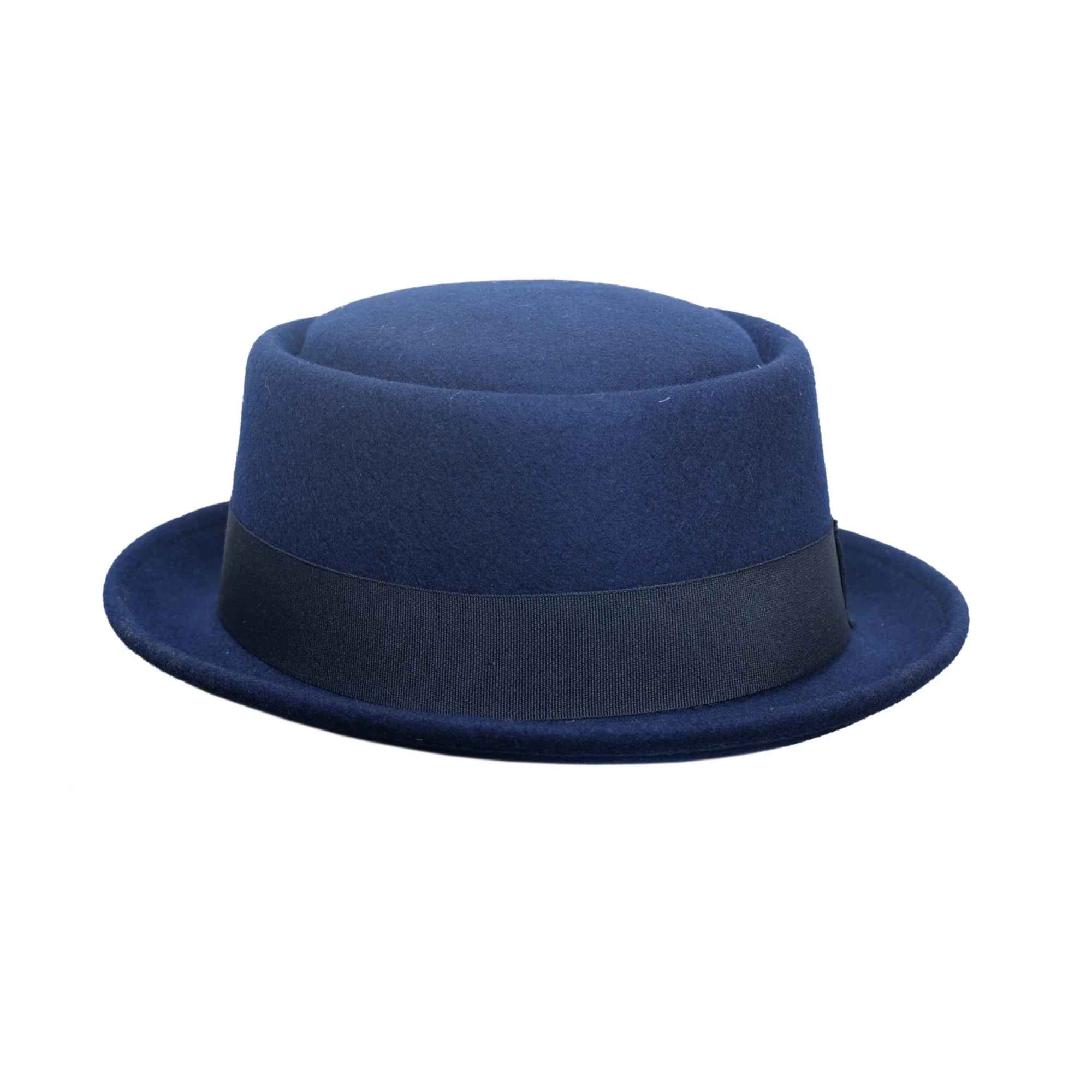 Navy Crushable Wool Felt Pork Pie Hat Flat Top Grosgrain Band