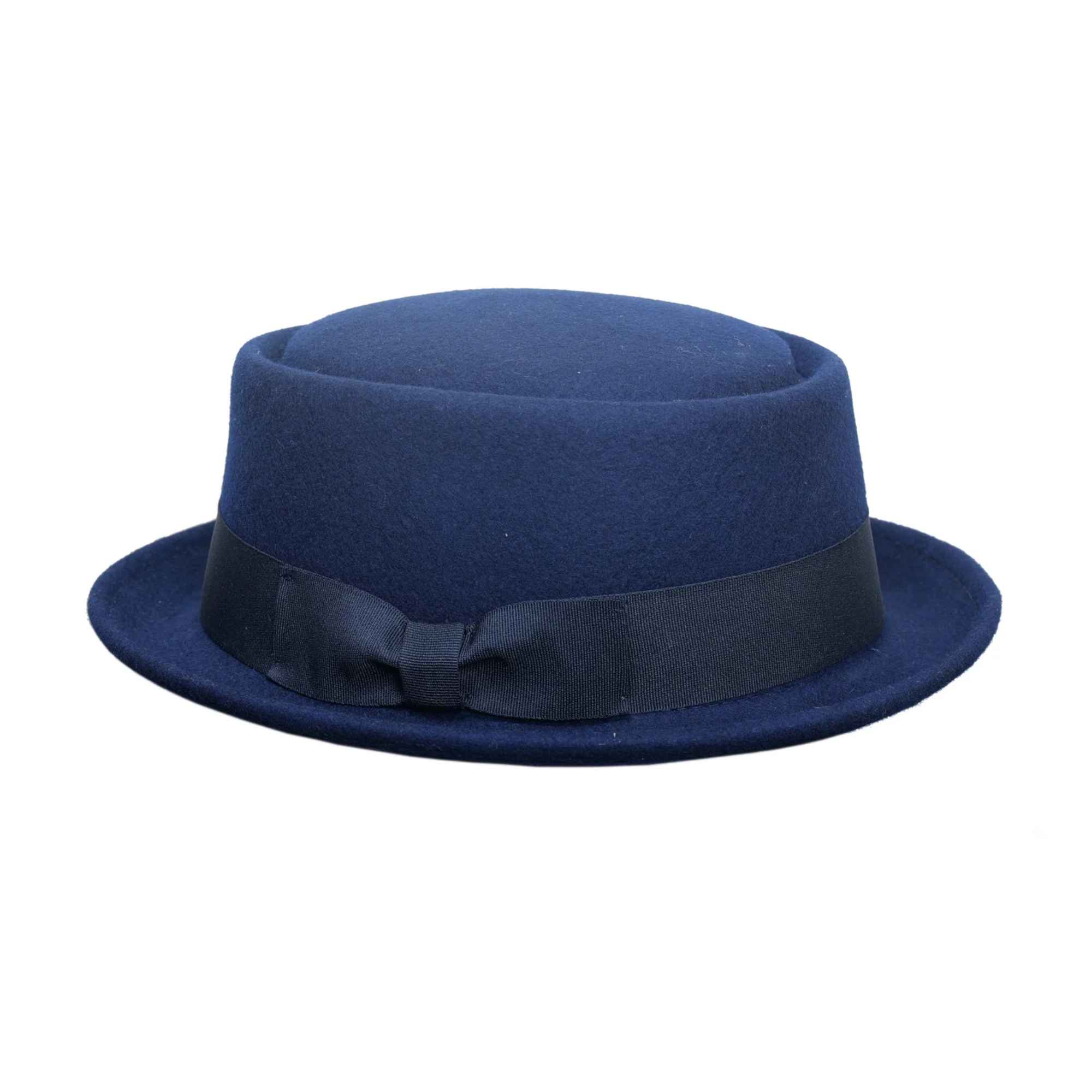 Navy Crushable Wool Felt Pork Pie Hat Flat Top Grosgrain Band